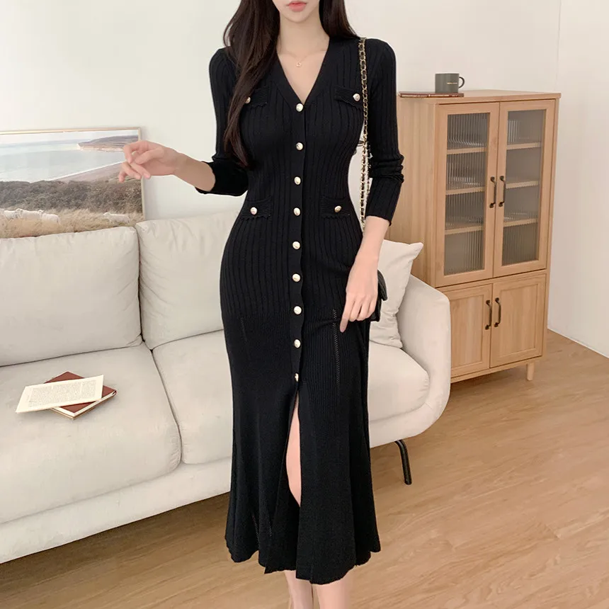 Korean Chic Knitted Dresses for Women V-neck Long Sleeve Slim Bodycon Ruffles Party Dress Casual Autumn Winter New Vestidos