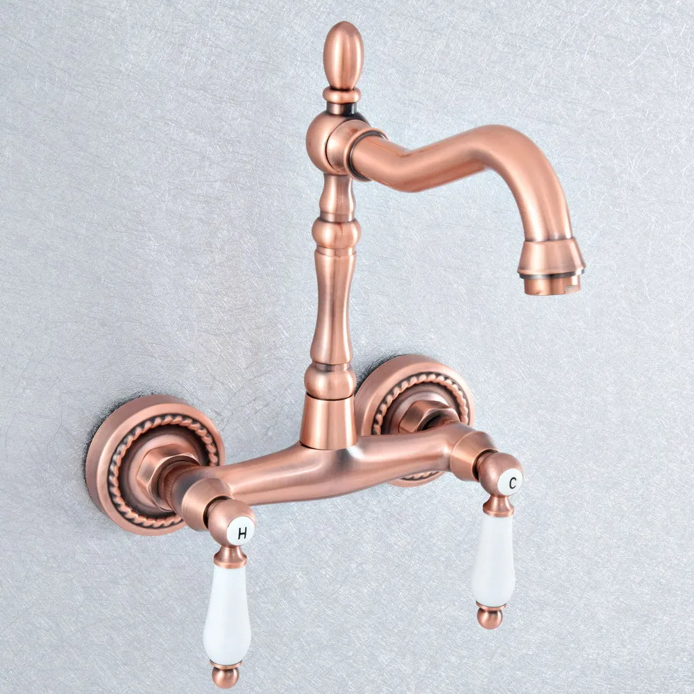 

Antique Red Copper Wall Mounted Bathroom Kitchen Sink Faucet Swivel Spout Mixer Tap Dual Ceramics Handles Levers tsf885