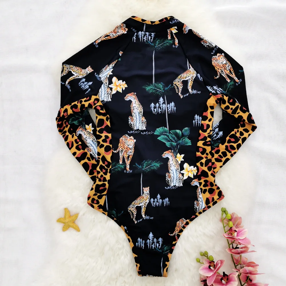 Long-sleeved Zipper Leopard Stitching One-piece Swimsuit Printed Surfing Suit 2023 New Wind Swimwear and Trousers Set Beachwear