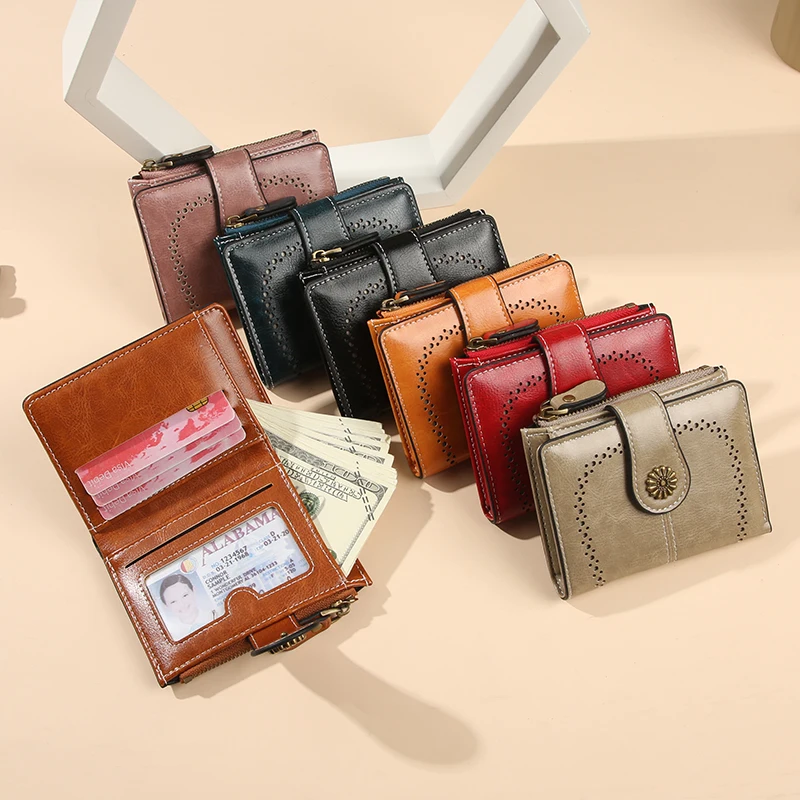 Anti theft brush wallet for women 2025 new oil wax leather wallet with multiple card slots, zero wallet, European and American w 6