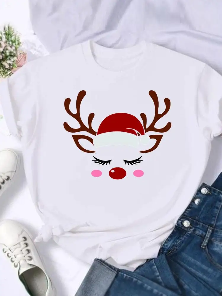 

Deer Face Trend Cute 90s Merry Christmas Fashion Female Shirt Print T Top Women Holiday Clothing New Year T-shirts Graphic Tee