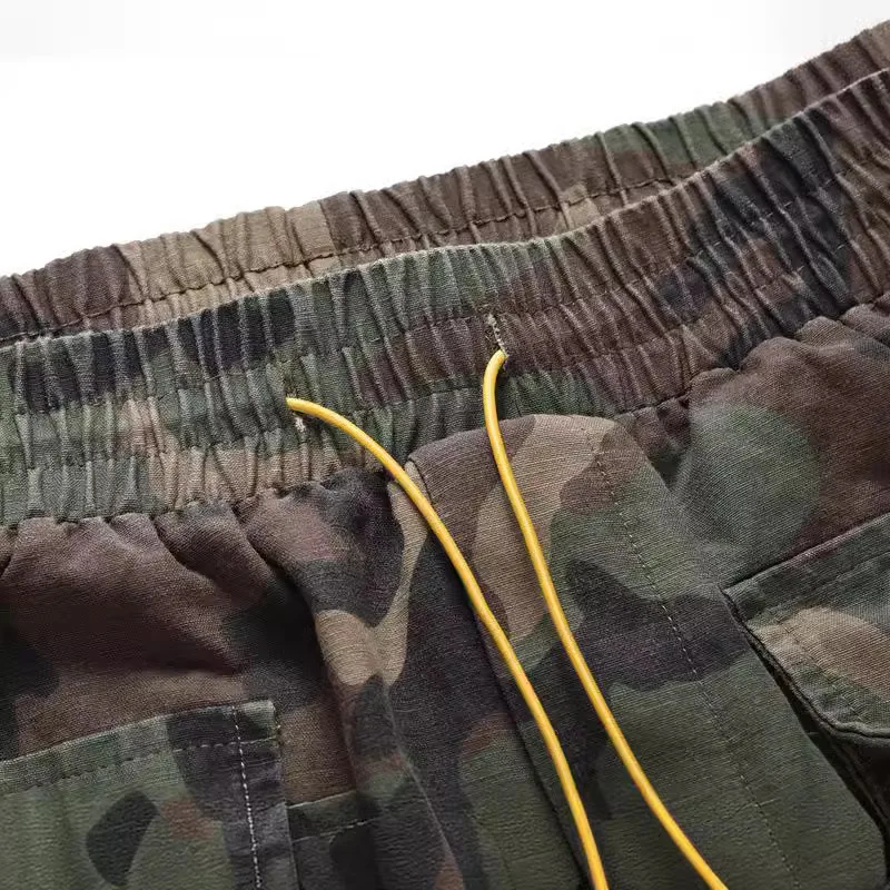 2025 New High Street Trend Drawstring Tie Waist Washed Vintage Casual Camouflage Multi Pocket Cargo Shorts 3