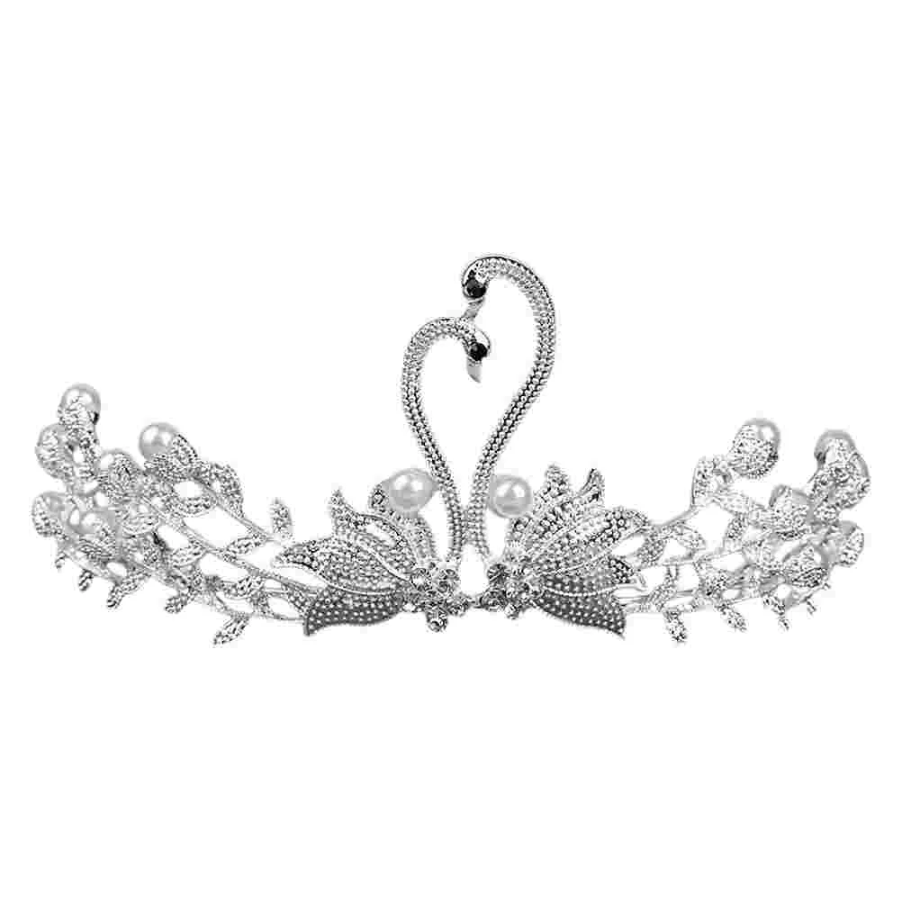 

Swan Crown Headdress Alloy Diamond Pearl Hair Accessories Bride Wedding Rhinestone Crown Jewelry Headdress (White)