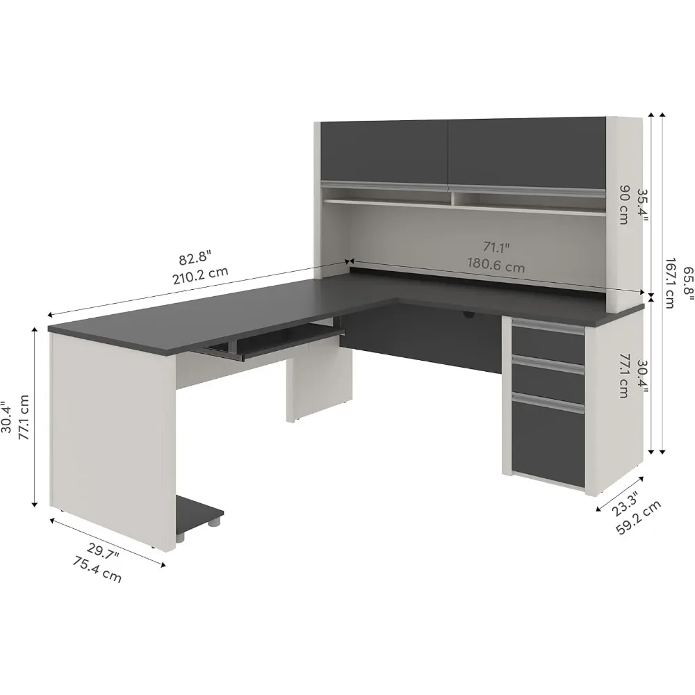L Shaped Desk with Hutch and Pedestal in Slate and Sandstone, 72W | Large Corner Table for Home Office Workspace or Personal 6