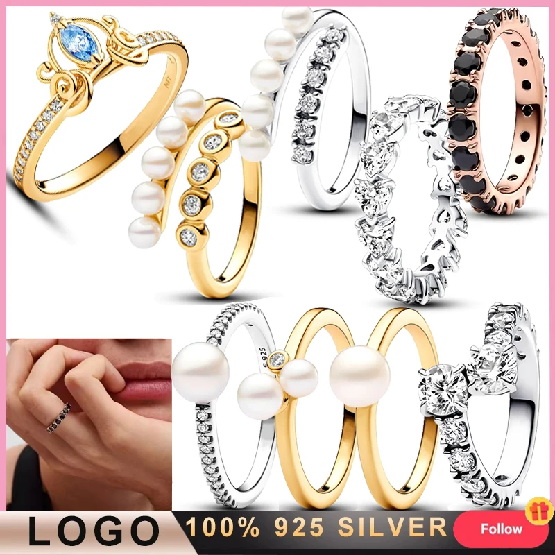 

2024 New 925 Sterling Silver Women's Exquisite Pearl Original Sparkling Love Heart Logo Ring Lover DIY Fashion Charm Jewelry