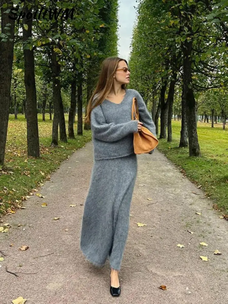 

Elegant Women Solid Mohair Skirt Set 2 Piece Autumn Knit V Neck Long Sleeve Sweater Loose Long Skirts Female Fashion Party Suits