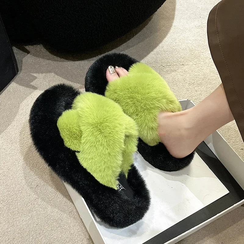 Summer Fluffy  Fur Slippers Shoes Women Real Fox Flip Flop Flat Furry Slides Outdoor Sandals  Indoor