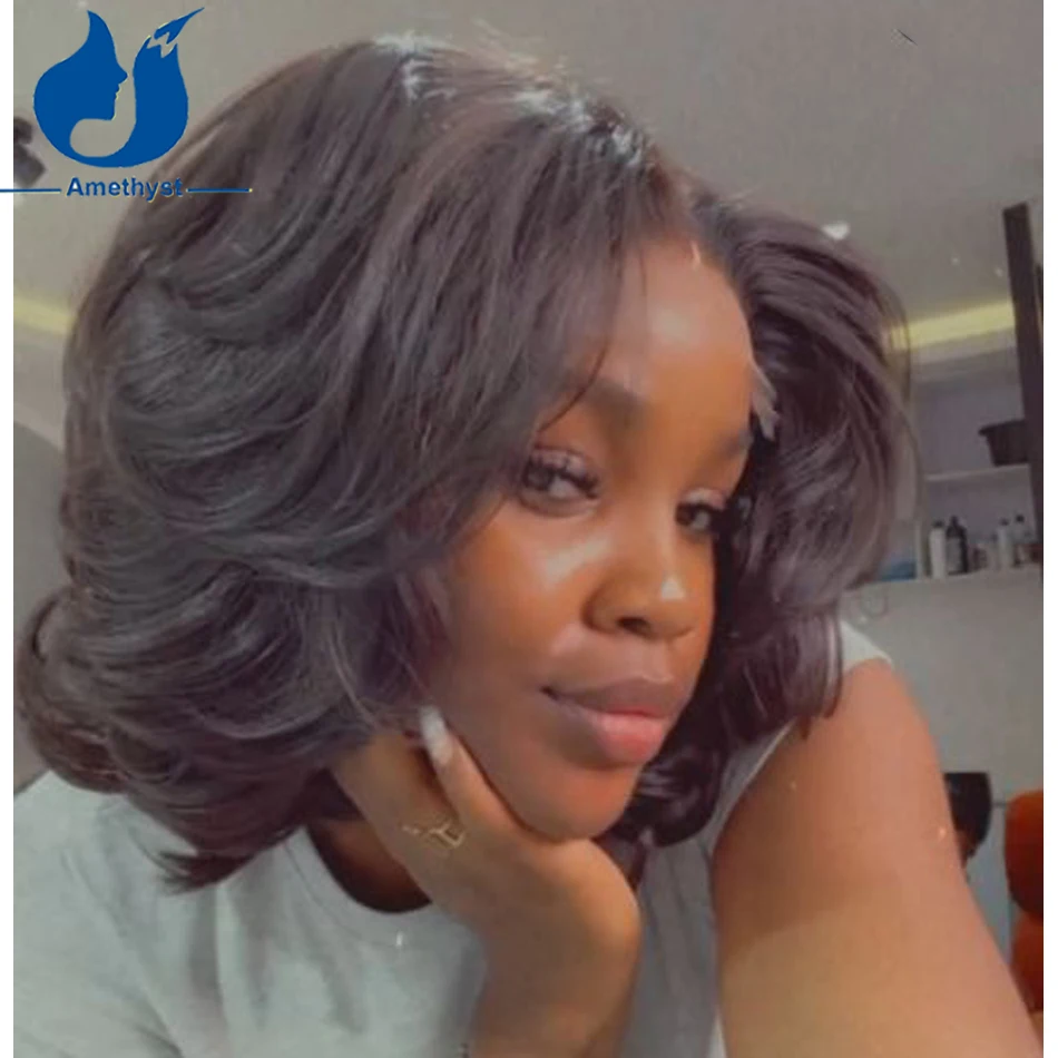 Amethyst Layered Middle Part 5.5x4.5PU Silk Top Lace Closure Wig Short Bob Human Hair Natural Brazilian Pre Plucked Remy Hair