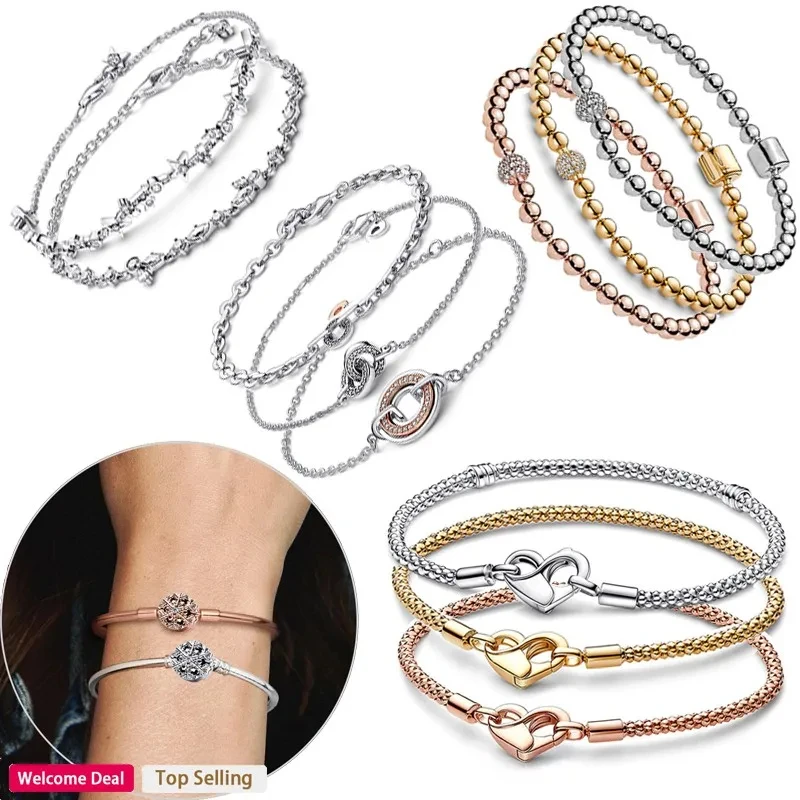 

Popular 925 Sterling Silver Original Women's Snake Bone Chain Disc Heart Buckle Bracelet Fit Original Charm Jewelry