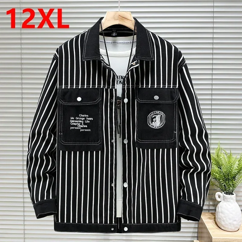 180kg Men's Large size Denim Striped Splicing Pocket Autumn workwear ...