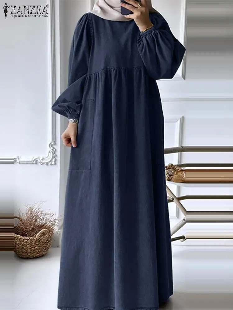 

ZANZEA Elegant Abaya Hijab Muslim Dress Autumn Long Sleeve O-Neck Dresses Woman Stylish Solid Sundress Vintage OL Work Vestidos