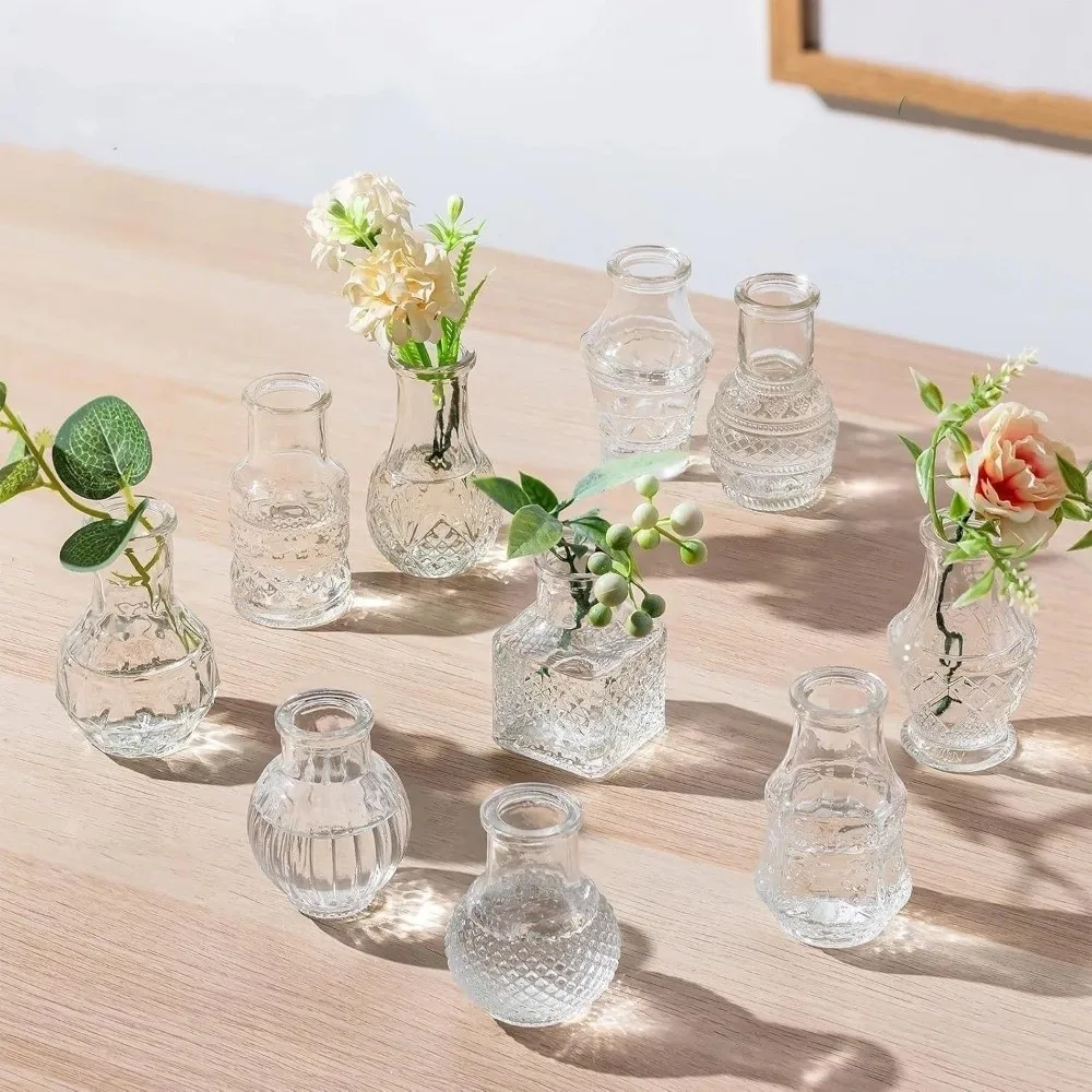 10PCS/SET Retro Relief Mini Glass Vase European Style Decorative Small Vase Set Crystal Clear Elegant Transparent Vase