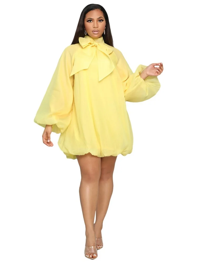 Wmstar Dress Women Wholesale European American Woman Dresses with Bow Decoration Puffed Sleeves Loose Chiffon Lining 2025