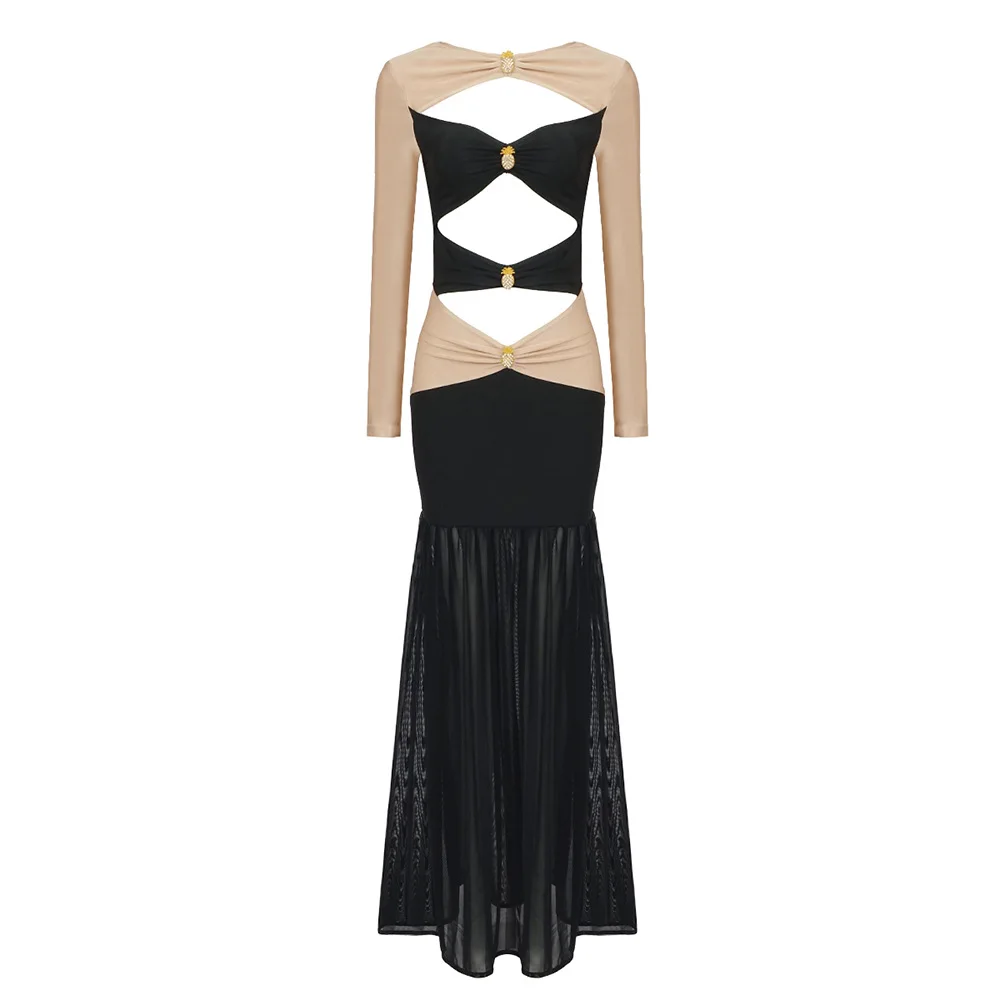 

Women Dress Fashionable Autumn Long Sleeve Dress with Double Color Block Pineapple Decoration, Hollow-out Maxi Dress with Mesh,