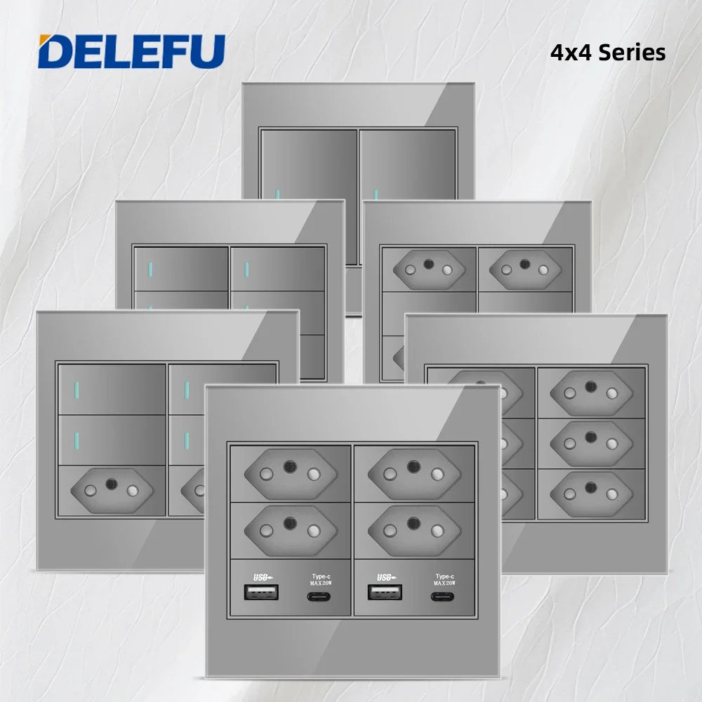 Delefu 4×4 Painel de Vidro à Prova de Fogo Brasil Standard Outlet Duplo Usb tipo c Parede Tomada Luz Interruptor Escritório Cinza 10a 20a Carga Rápida