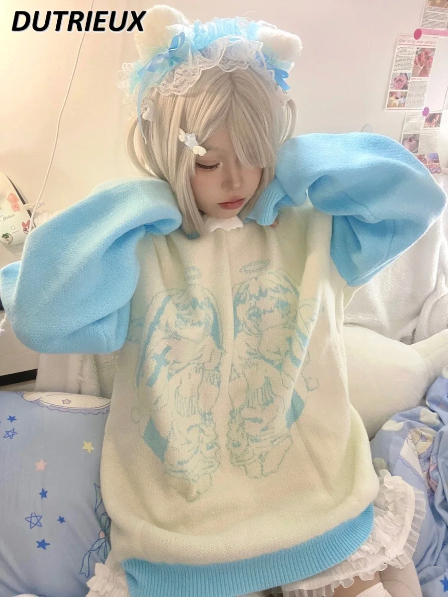 

Japanese Style Fall Winter Outer Wear Hooded Sweater Cute Sweet Cool Anime Print Soft Girl Long Sleeve Knitted Pullover