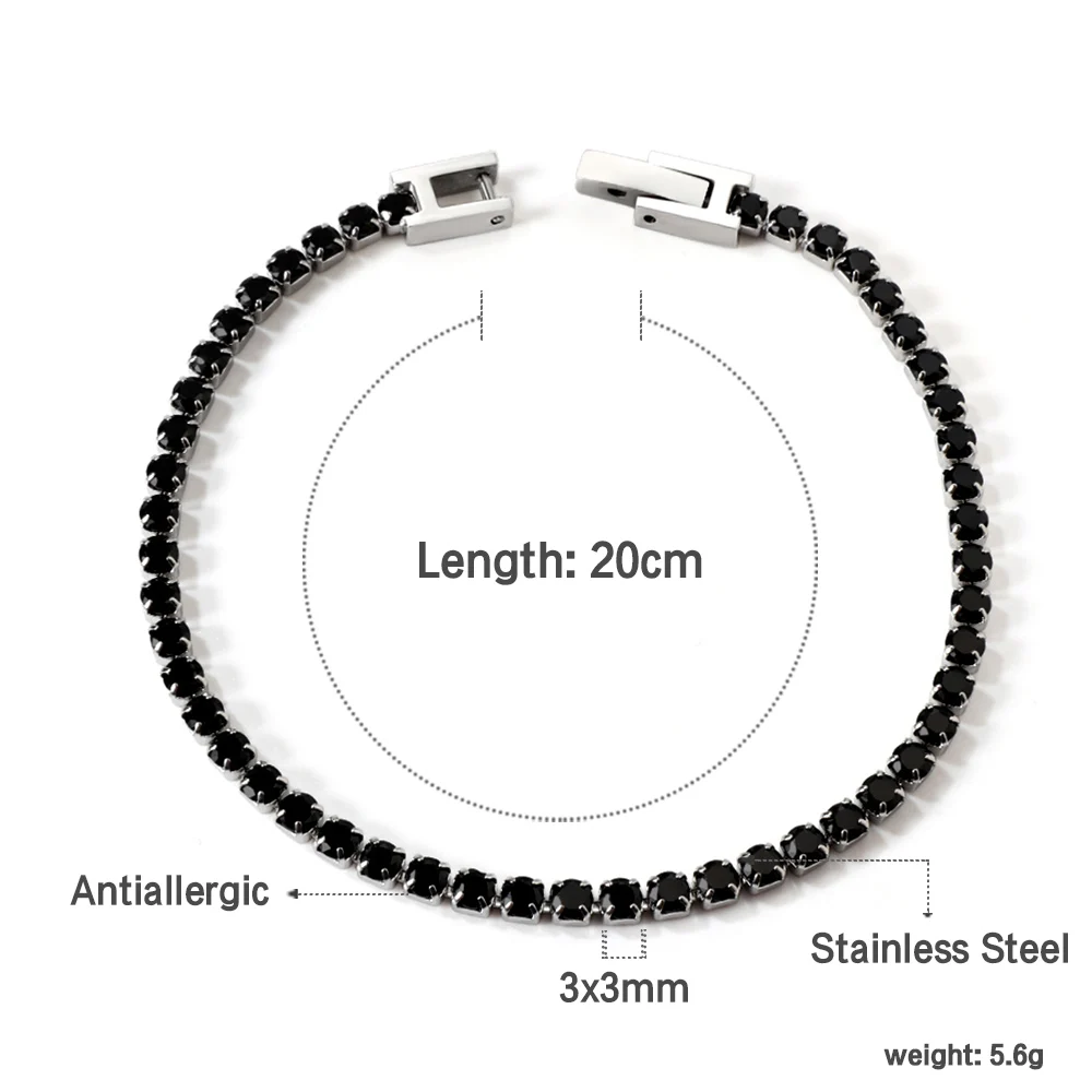 3MM Zirconia Tennis Braclets Gothic Men/Woman's Bracelet 4 Claw AAA White Black Shiny Stone Steel Jewelry