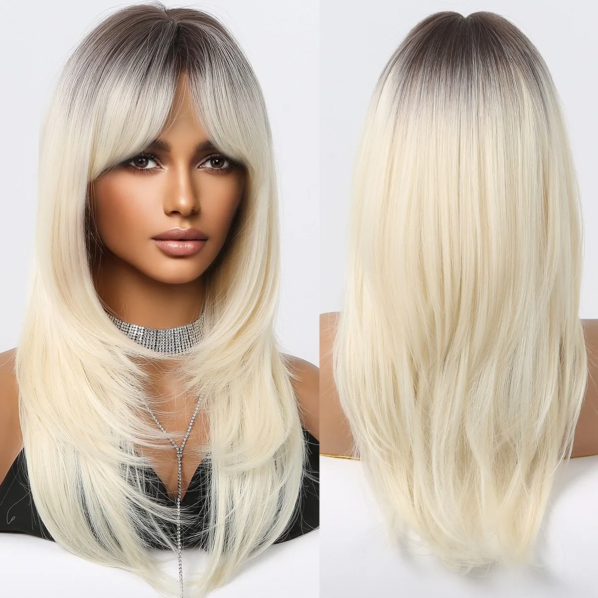 

Platinum Blonde Brown Ombre Long Layered Synthetic Wigs With Bang Beige Straight Hair Wig for Women Daily Cosplay Heat Resistant