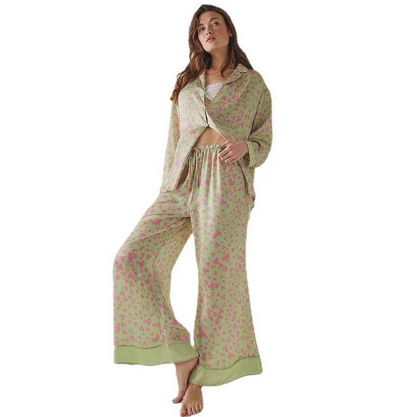 Leisure Women's Pajamas Sets For Autumn Winter Loose Soft Love Print Ladies Sleepwear Long Sleeve Lapel Cardigan Tops+Pants 2Pcs
