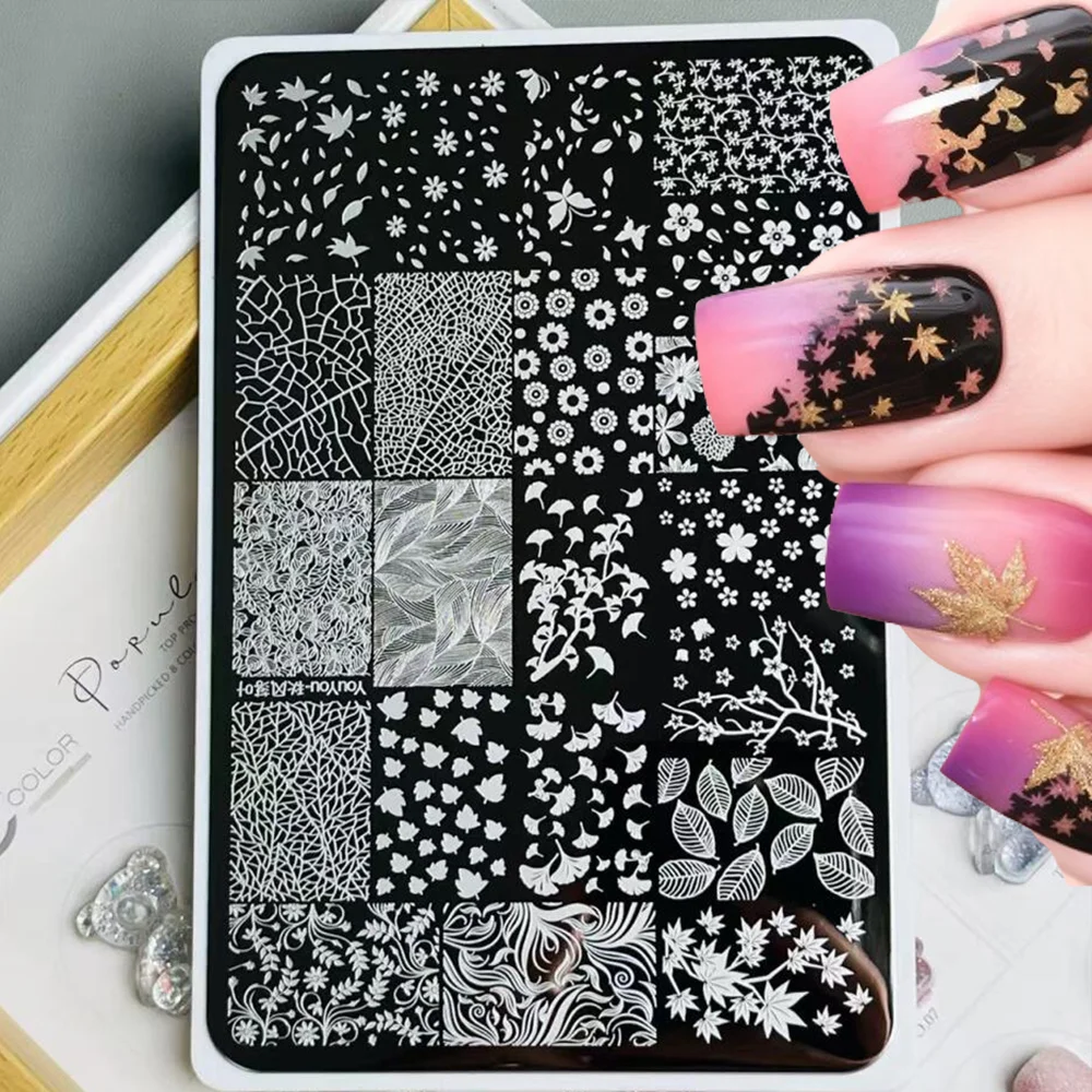 1 Stück 3D Herbst-Ahornblatt Nagelstempelplatten Herbstblumen Ginkgo-Blatt Marmor Nageldruck-Vorlage Halloween Maniküre-Schablone – Detail 12