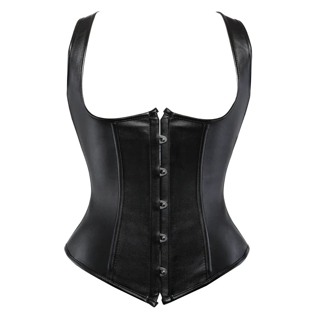 

Steampunk Faux Leather Corset Sexy Lace Up Corsets Satin Steel Boned Bustiers Underbust Waist Trainer Vest with Straps Plus Size