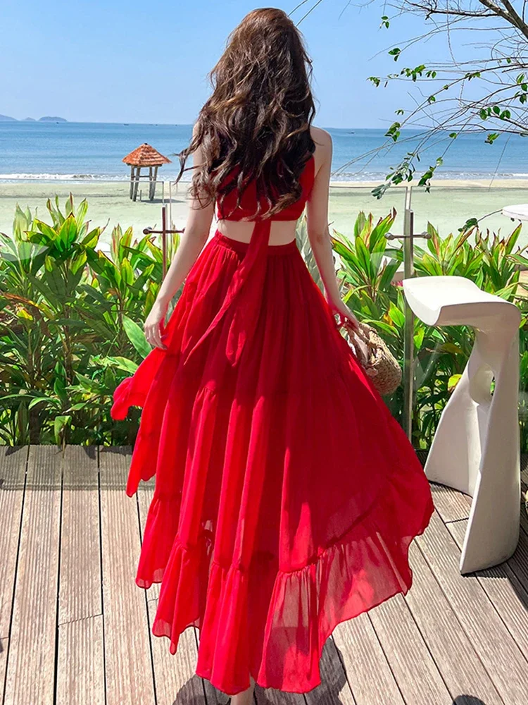 

Chiffon Elegant Women Dress Sweet Floral Camisole Hollow Bandage Midi Vacation Gown Robe Femme Sexy Ropa Mujer Verano Vestidos