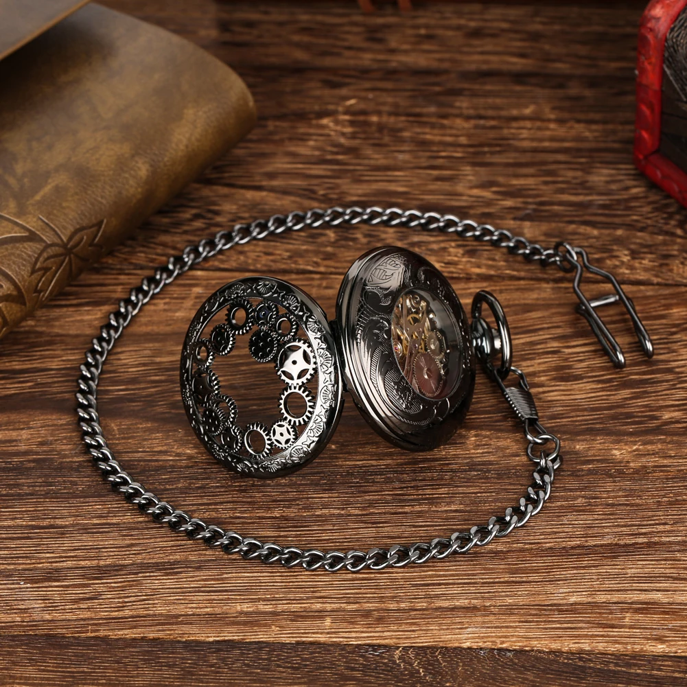 Reloj de bolsillo mecánico con números romanos para hombre, pulsera de mano con diseño hueco de engranajes negros, cadena colgante Vintage, color azul real
