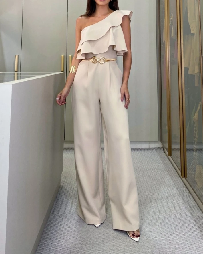 Women's Jumpsuit Elegant Temperament Commuting New Summer Ruffle Edge Diagonal Shoulder Wide Leg Pants Jumpsuit Without Belt
