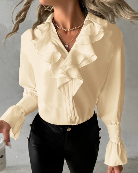 Fashion Woman Blouse 2023 Spring Ruffled Solid Color Casual V-Neck Long Sleeved Daily Shirt Top Y2K Clothes