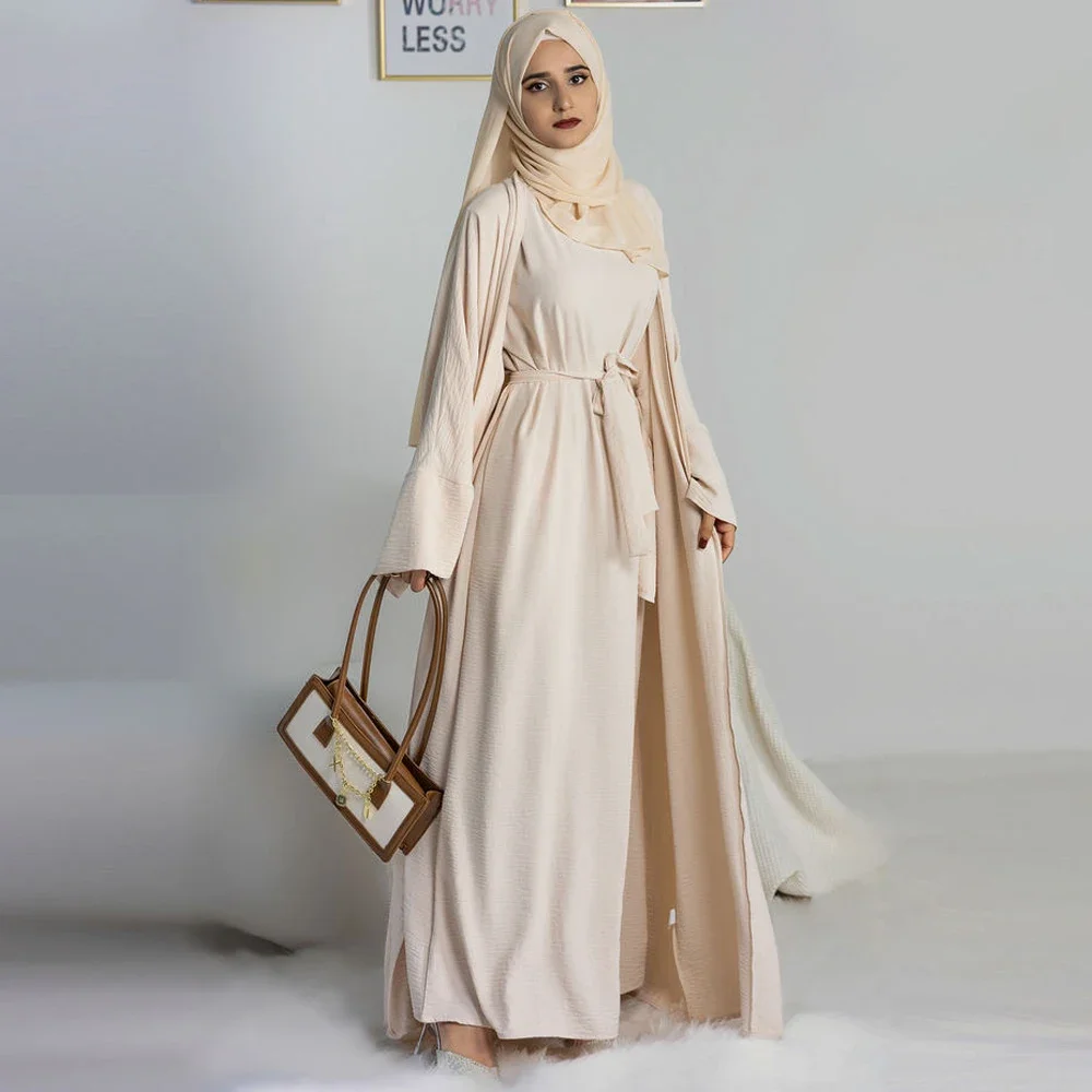 Open Abaya 2 Piece Set Muslim Woman Kimono and Sleeveless Hijab Dress Plain Abayas Dubai Turkey Ramadan African Islamic Clothing
