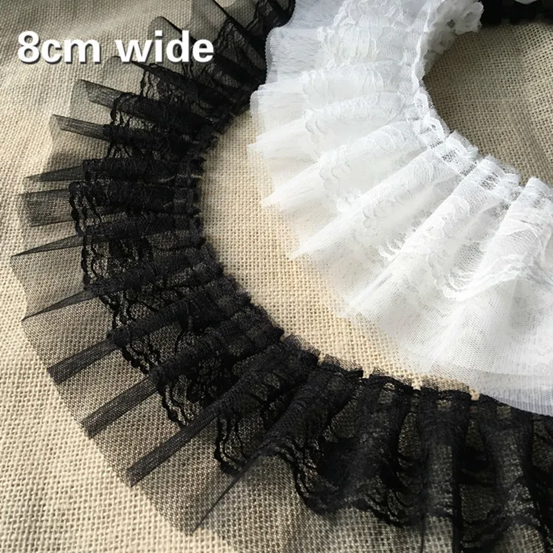 Lace Fabric 8cm Wide Black And White Mesh Sequin Tulle Embroidery Double Laminated Wrinkle Lace Trim Applique Fabric Ribbon