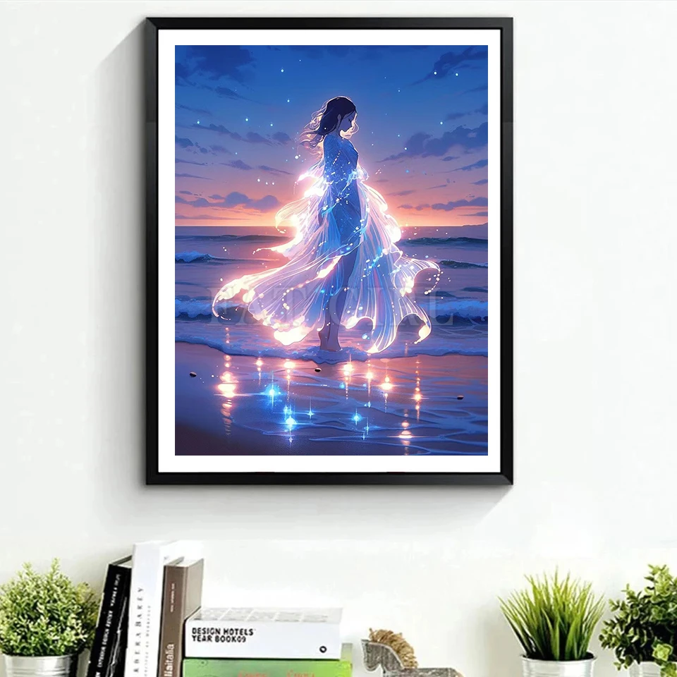 Fluorescent Sprite DIY 5D Diamond Painting Cartoon Girl Beach Diamond Mosaic Embroidery Princess Cross Stitch Rhinestone Decor