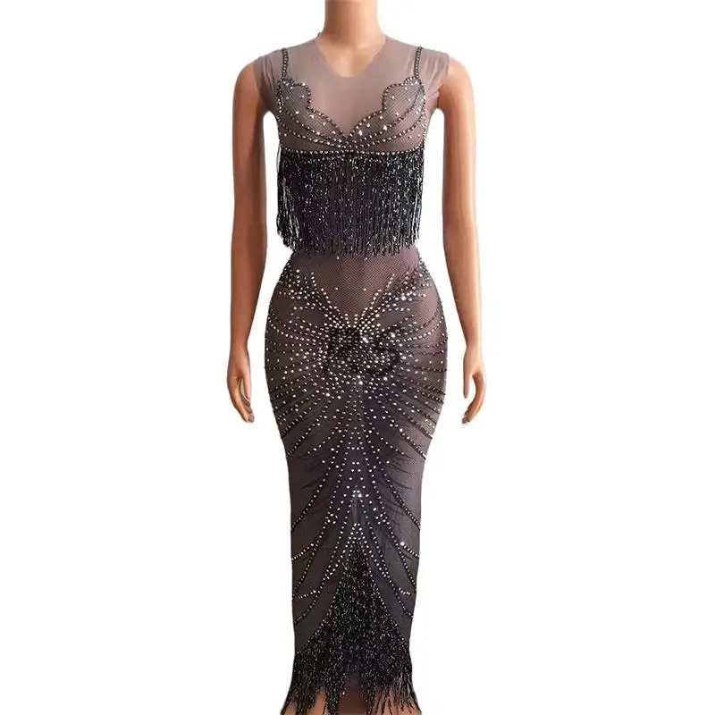 

Women Sexy Sparkly Rhinestones Black Fringes Mesh See Through Long Dress