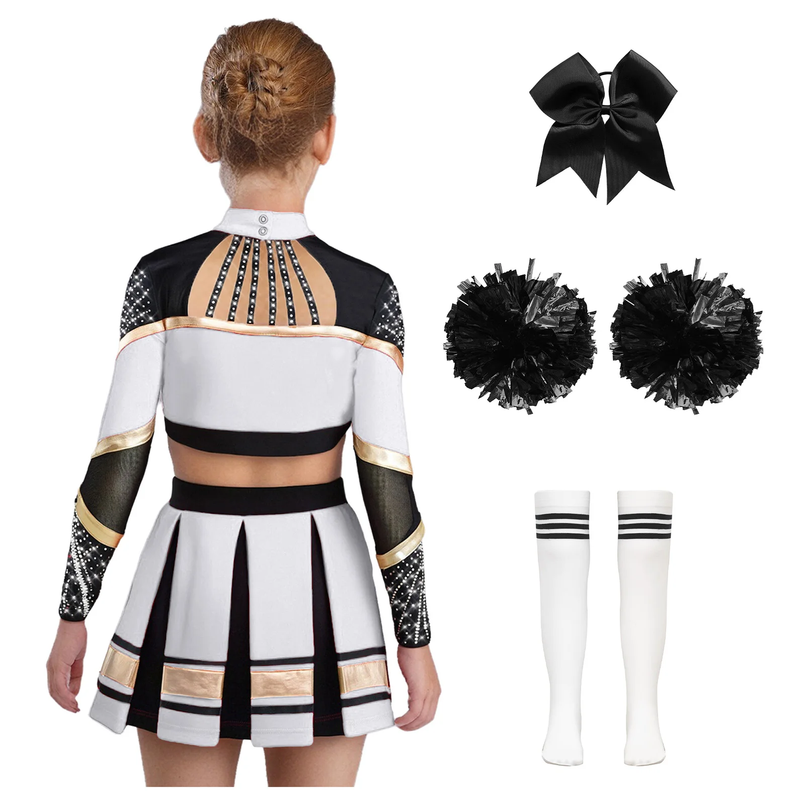Kids Girls Cheerleader Costume Cheerleading Uniform Dance Outfits Long Sleeve Sheer Mesh Rhinestones Crop Top with Pleated Skirt