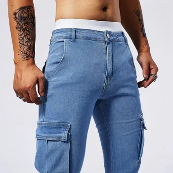 2025 New Men Street Elastic Denim Jeans Multi Pockets Cargo Pants Casual Slim Denim Trousers Fashion Y2k Joggers Baggy Man Pants 1