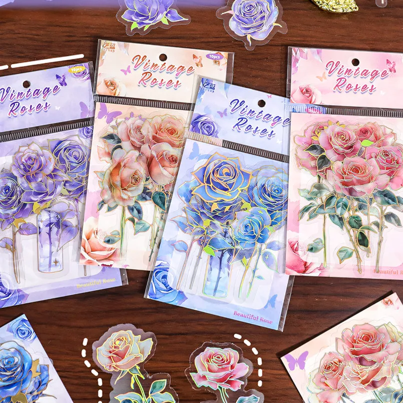 Stickers Scrapbooking Supplies Journamm 10pcs/pack PET Gold Foil Rose Stickers DIY Scrapbooking Creativity Adhesive Hand Made Decorative Junk Journal Supplies