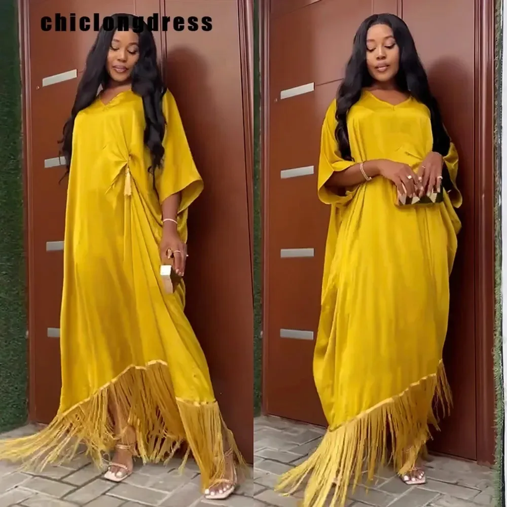 

Women's Long Satin Tassel Robe, Elegant Loose Dress, V-neck, Bat Sleeve, African, Fashion, Autumn, 2024