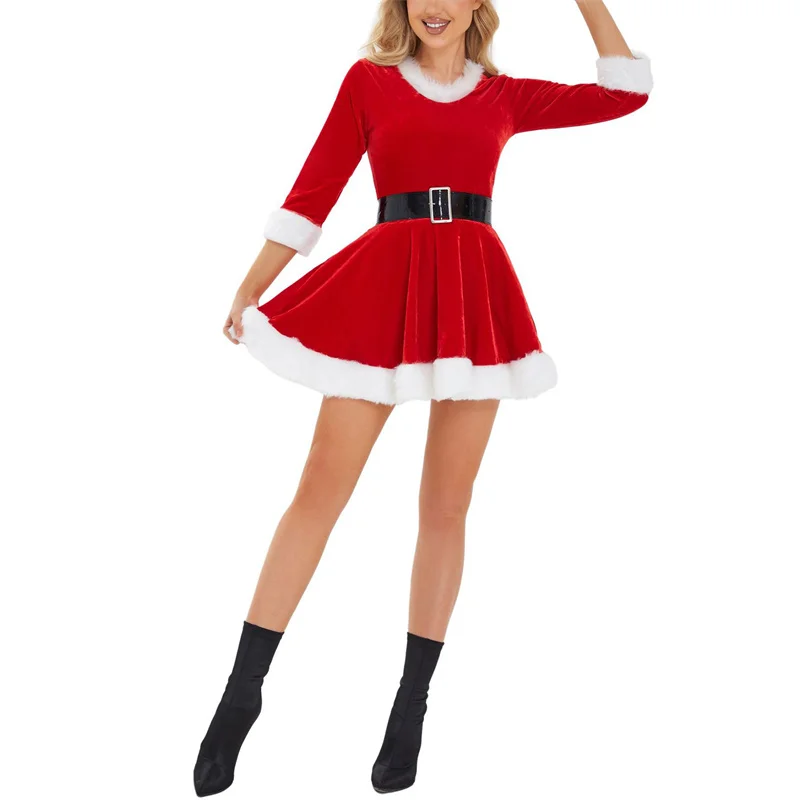 

Christmas Cosplay Dress Women Winter Clothes Santa Plush Trim 3/4 Sleeve Mini Dress with Belt and Hat Xmas Party Costume