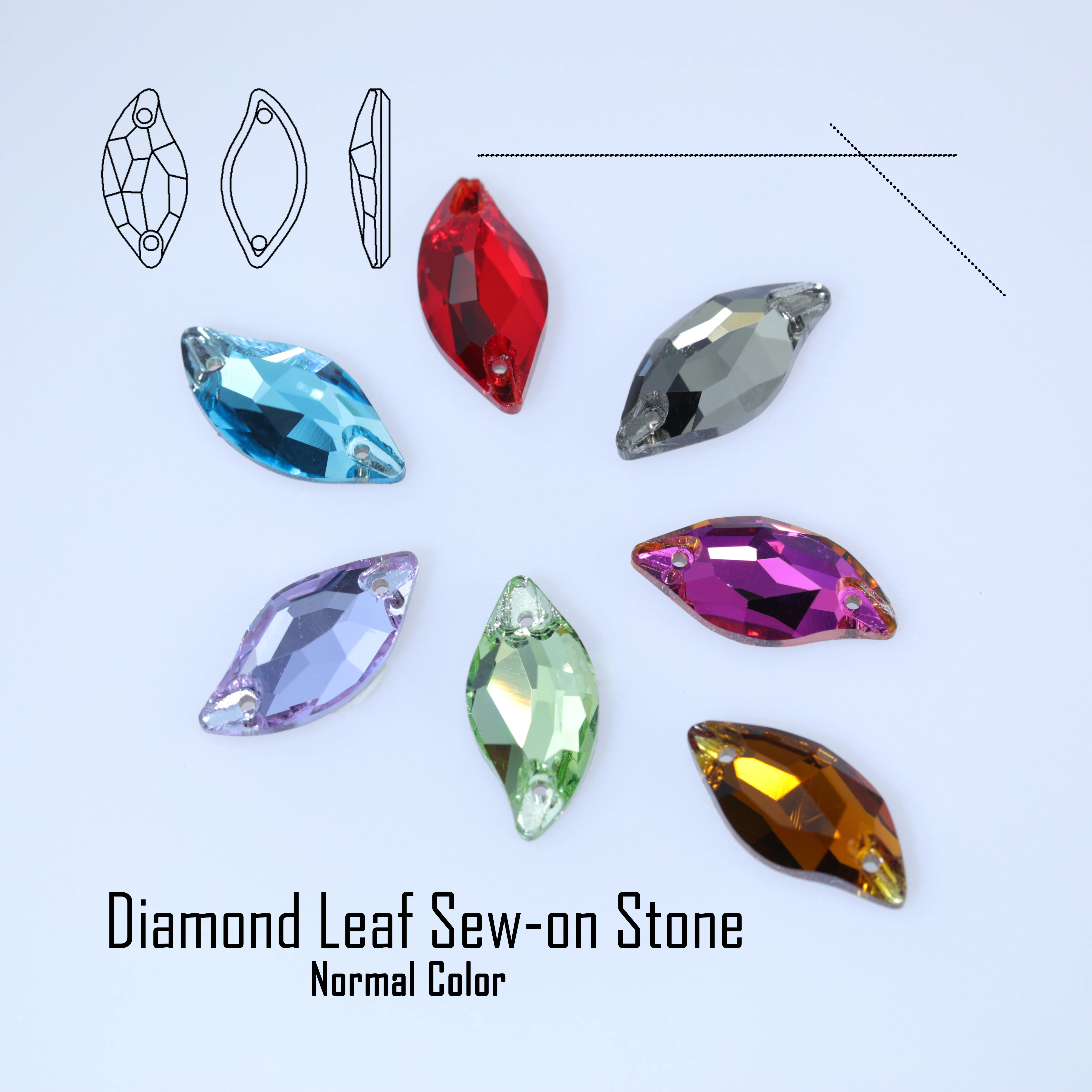 Diamantblatt-Aufnähstein in Normalfarbe. Verschiedene Farben von hochwertigen K9-Glasrhinestones mit flacher Rückseite für Kleidung und Taschen.