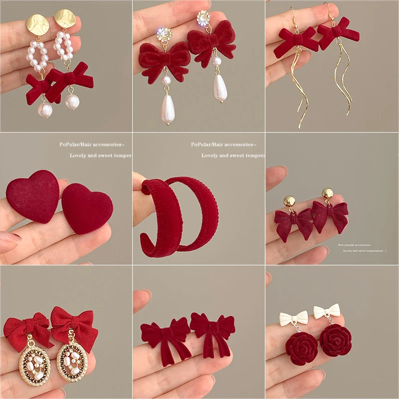 KADRUFI-Vintage-Red-New-Christmas-Flocking-Earrings-for-Women-Bow-knot-C-Shape-Pearl-Rhinestone-Drop