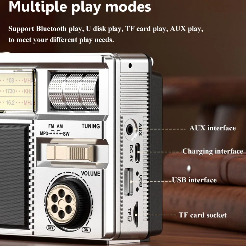 Portable Emergency Full Band Radio Solar Powered Vintage FM AM SW Radios Recevier Wireless Bluetooth Speaker with TF USB Port