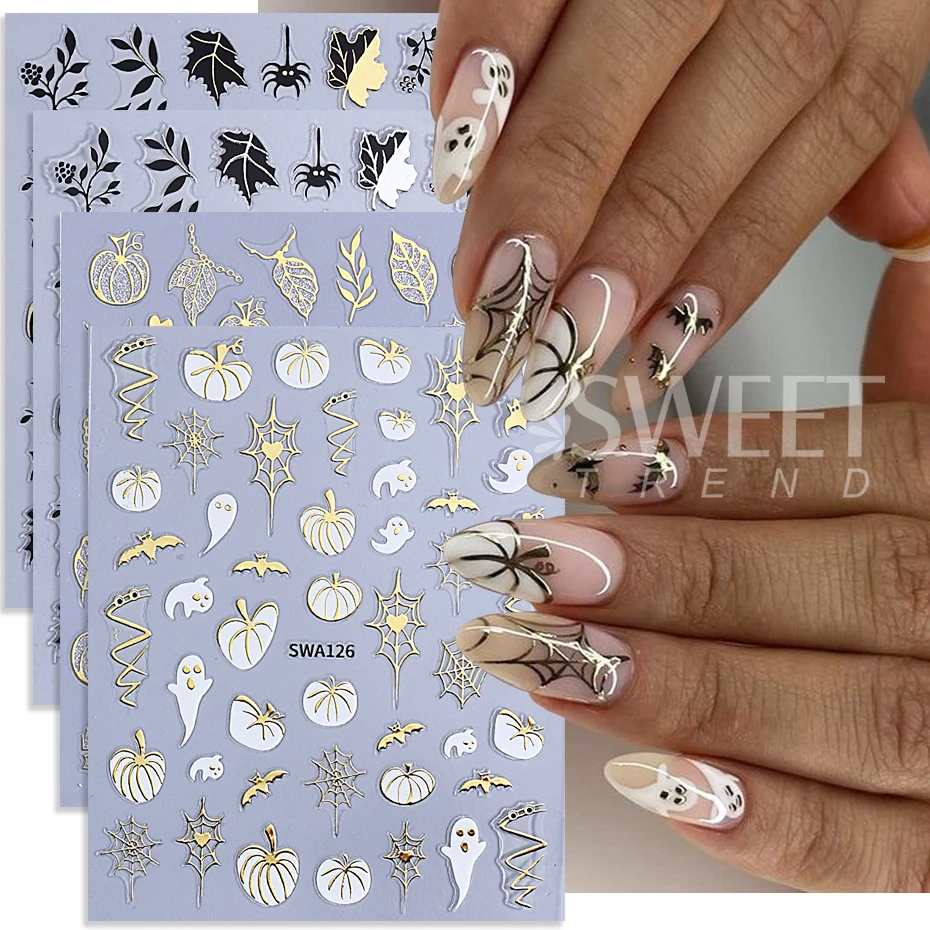 4pcs Halloween Nail Stickers 3D Metal Love Spider Web Ghost Pumpkin Maple Leaf Self-Adhesive Nail Decals DIY Manicure Decoration