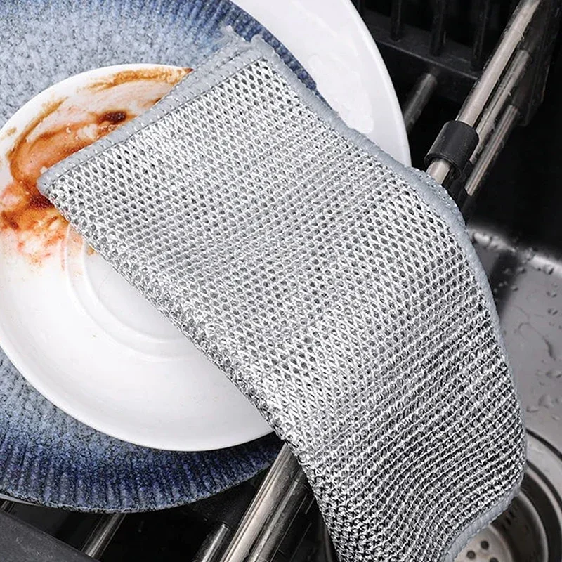 20cm Metal Wire Mesh Cleaning Cloths Double -layer Non -stick Oil Steel Wire Dishcloths Universal Sink Faucet Tea Stain Rags 3