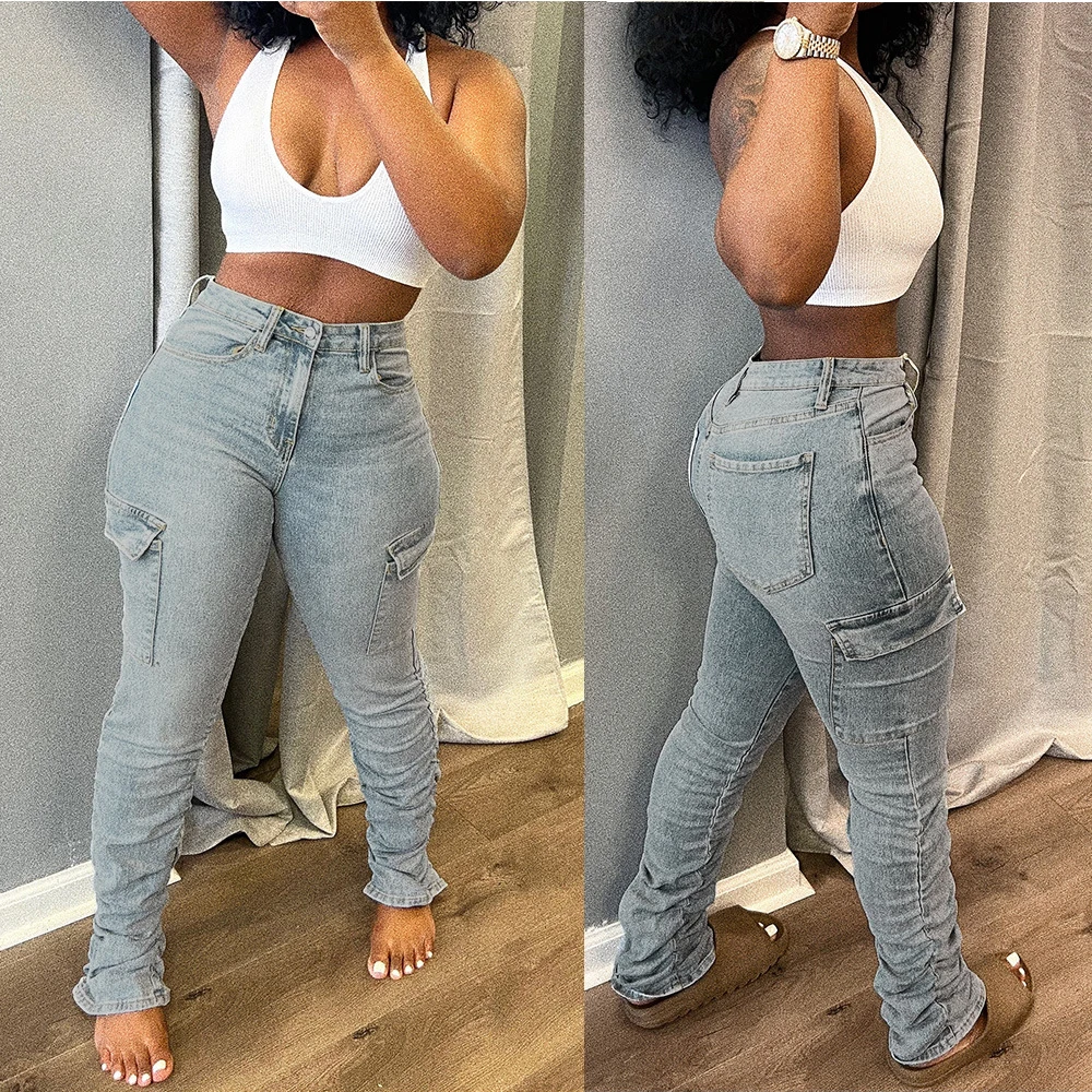 High Waist Denim Jeans Pocket Cargo Stacked Pant Y2K Streetwear 2022