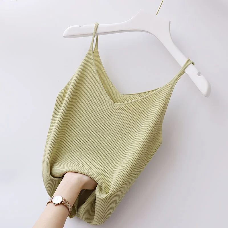 Large Suspender Vest Women Inner Bottom V-neck Ice Silk Sexy Short Thread Knitting Versatile Elegant Top