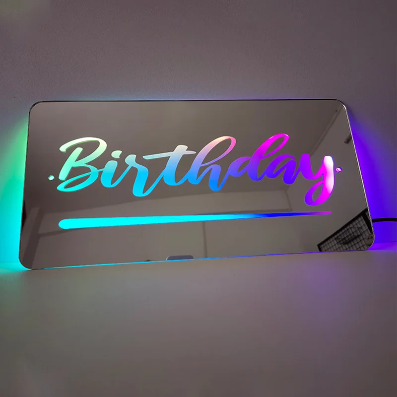아크릴 거울 네온 조명, 생일 축하, 거울 벽 장식, 테이블 램프, 파티 선물