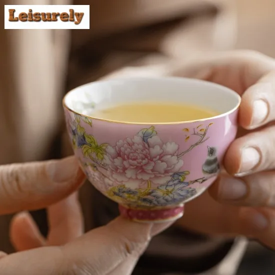 65ml Chinese Enamel Color Tea Cup Ceramic Peony Master Cup High-grade Household Palace Flower Tea Set Portable Small Tea Bowl