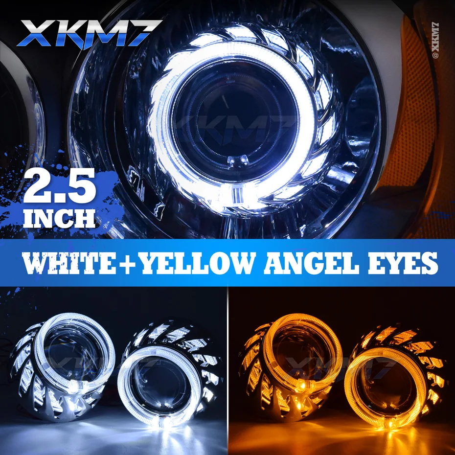 

Bi-Xenon Lens Dual Turbine Angel Eyes H4 H7 Headlight 2.5 Inch H1 HID Projector Led Halo DRL Turn Signal Car Lights Accessories