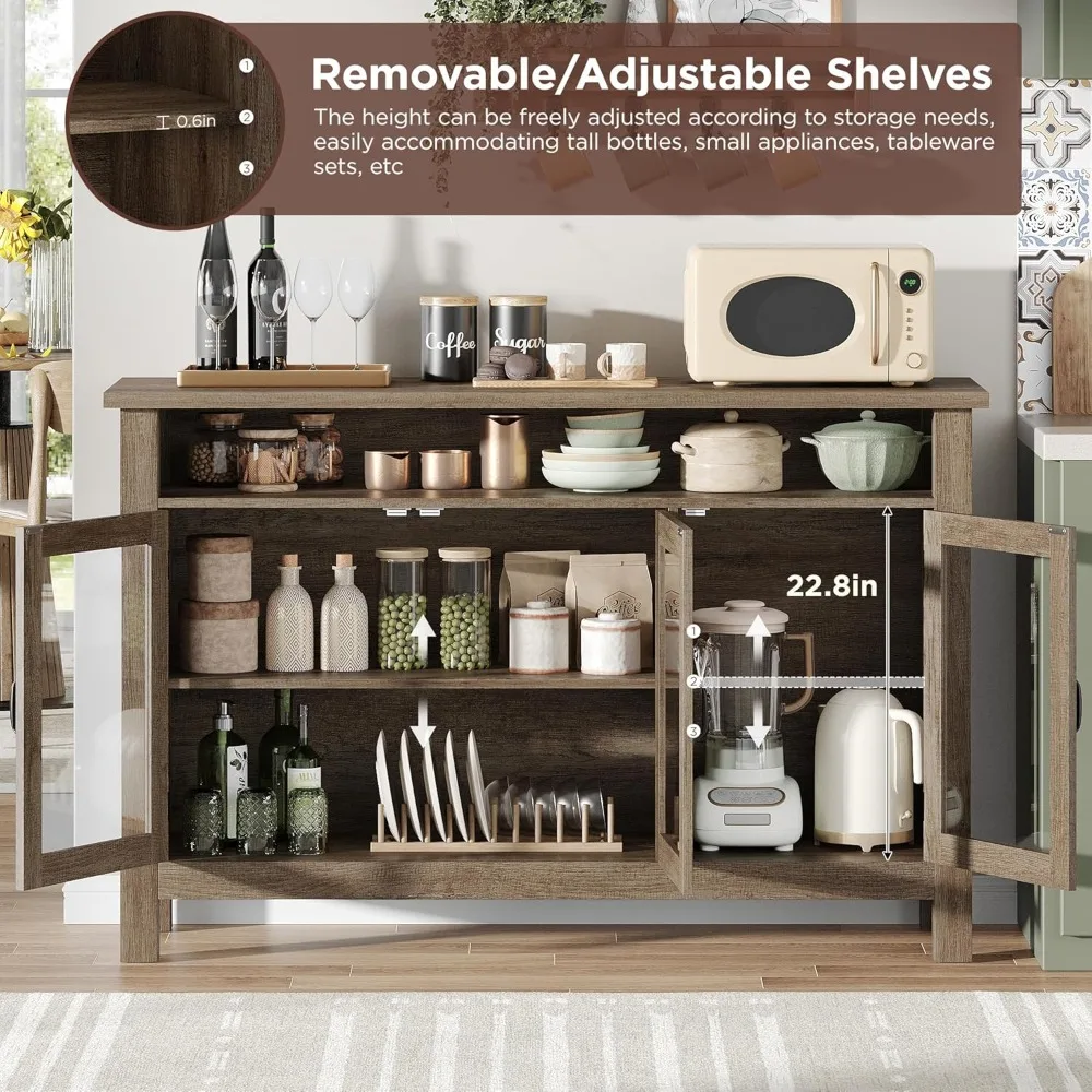 Sideboard Buffet Cabinet with Storage and 3 Glass Door, 55.5 Vintage Kitchen Storage Cabinet Buffets & Sideboards 5