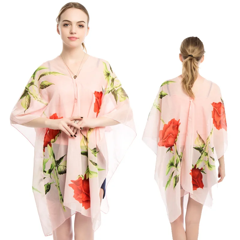 2022 Summer Poncho Capes Cycling Sunshade Shawl Women Silk Scarf New Chiffon Printing Sunscreen Lady Shawl Cloak Pink 30% silk 70% wool scarf rectangle winter scarf women camellia brand keep warm cashmere shawl neckerchief sjaal hand rolled edges